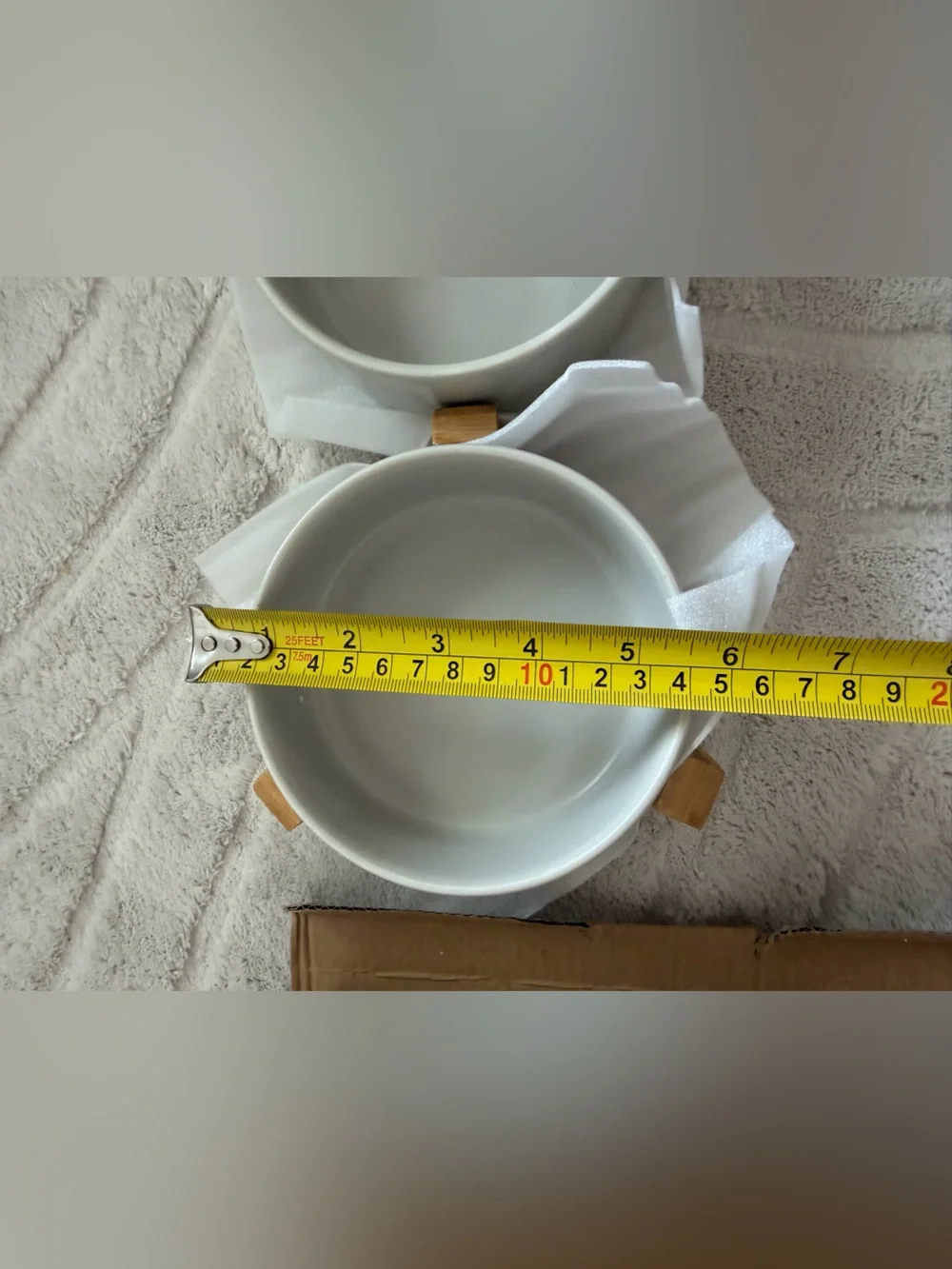 Modern Gray Ceramic Double Dog Bowl with Bamboo Stand